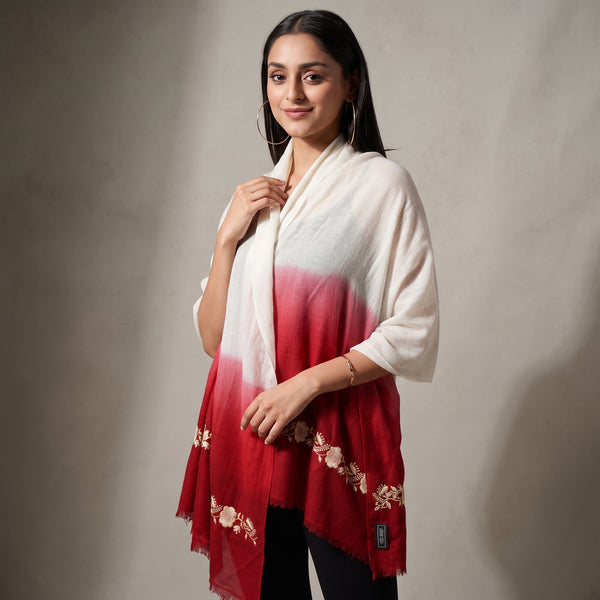 White and Red Hand Embroidered Colour Block Scarf