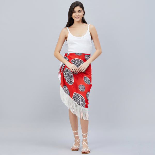 Red Geometric Print Sarong for Women – Polyester Georgette | First Resort by Ramola Bachchan