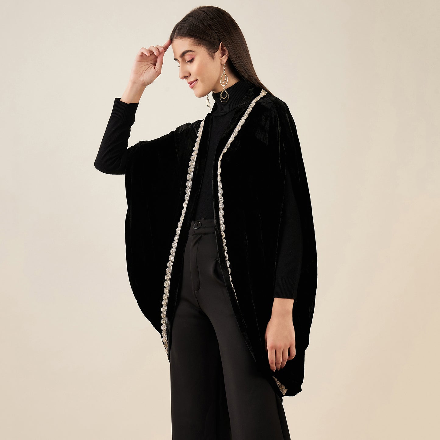 Black Silk Velvet Cape with Embroidered Motif