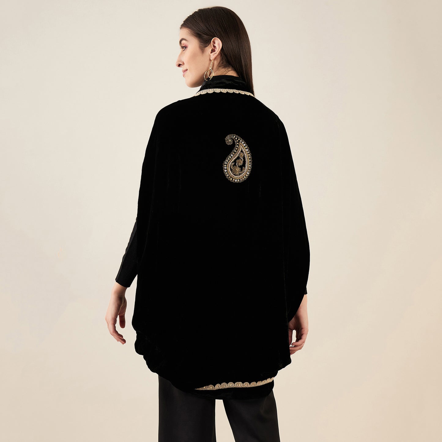 Black Silk Velvet Cape with Embroidered Motif