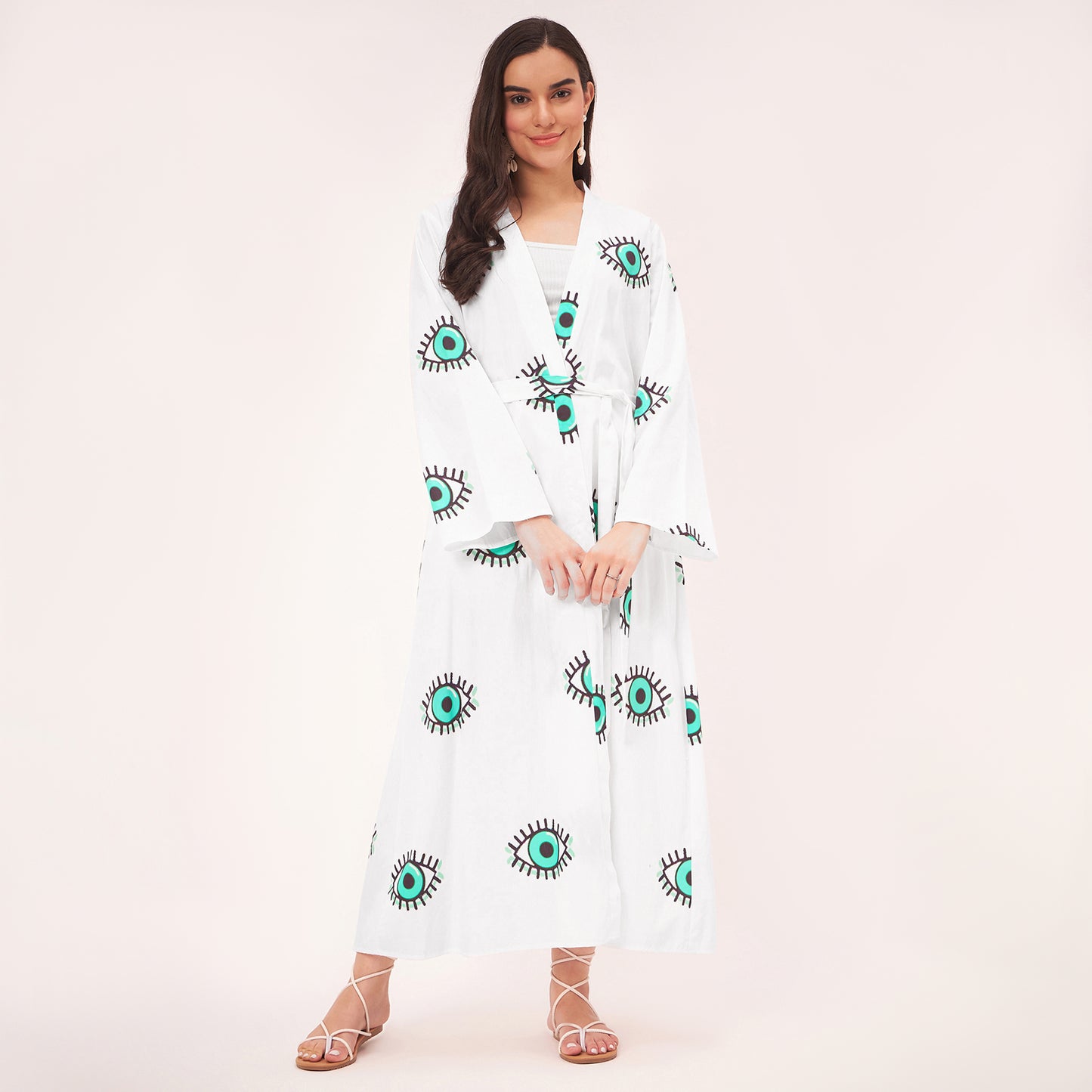 White and Cyan Evil Eye Cotton Long Cover-Up with Embroidered Patch and Belt