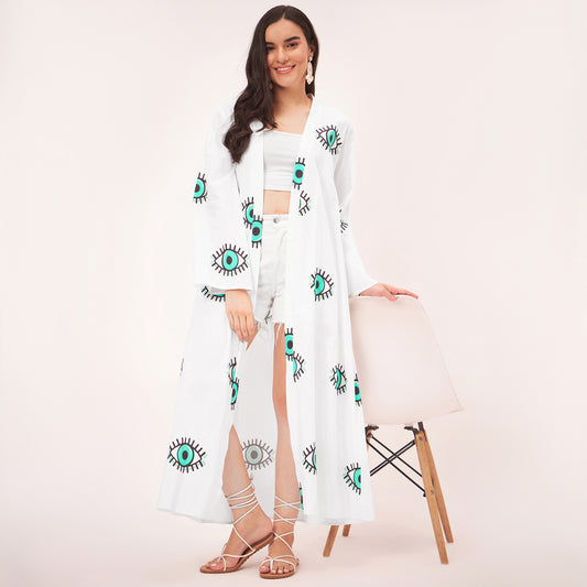 White and Cyan Evil Eye Cotton Long Cover-Up with Embroidered Patch and Belt