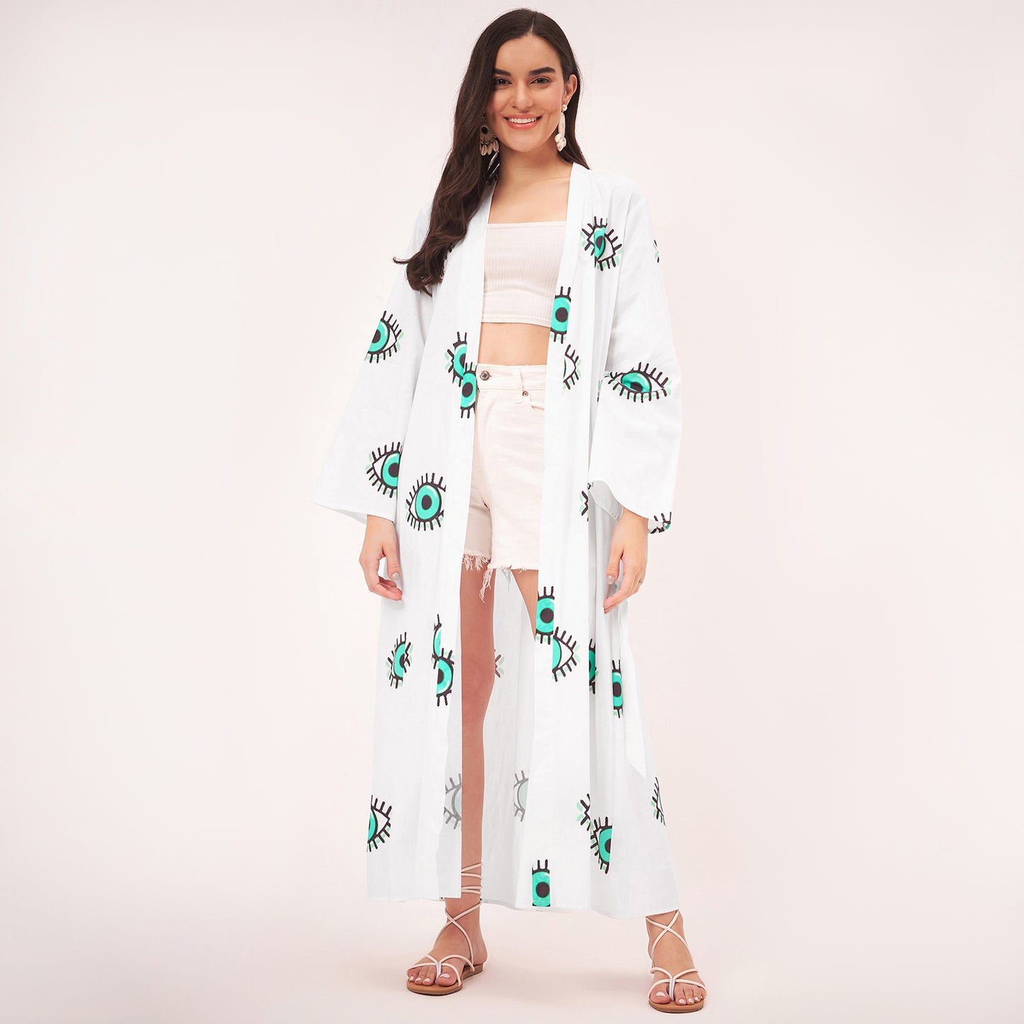 White and Cyan Evil Eye Cotton Long Cover-Up with Embroidered Patch and Belt