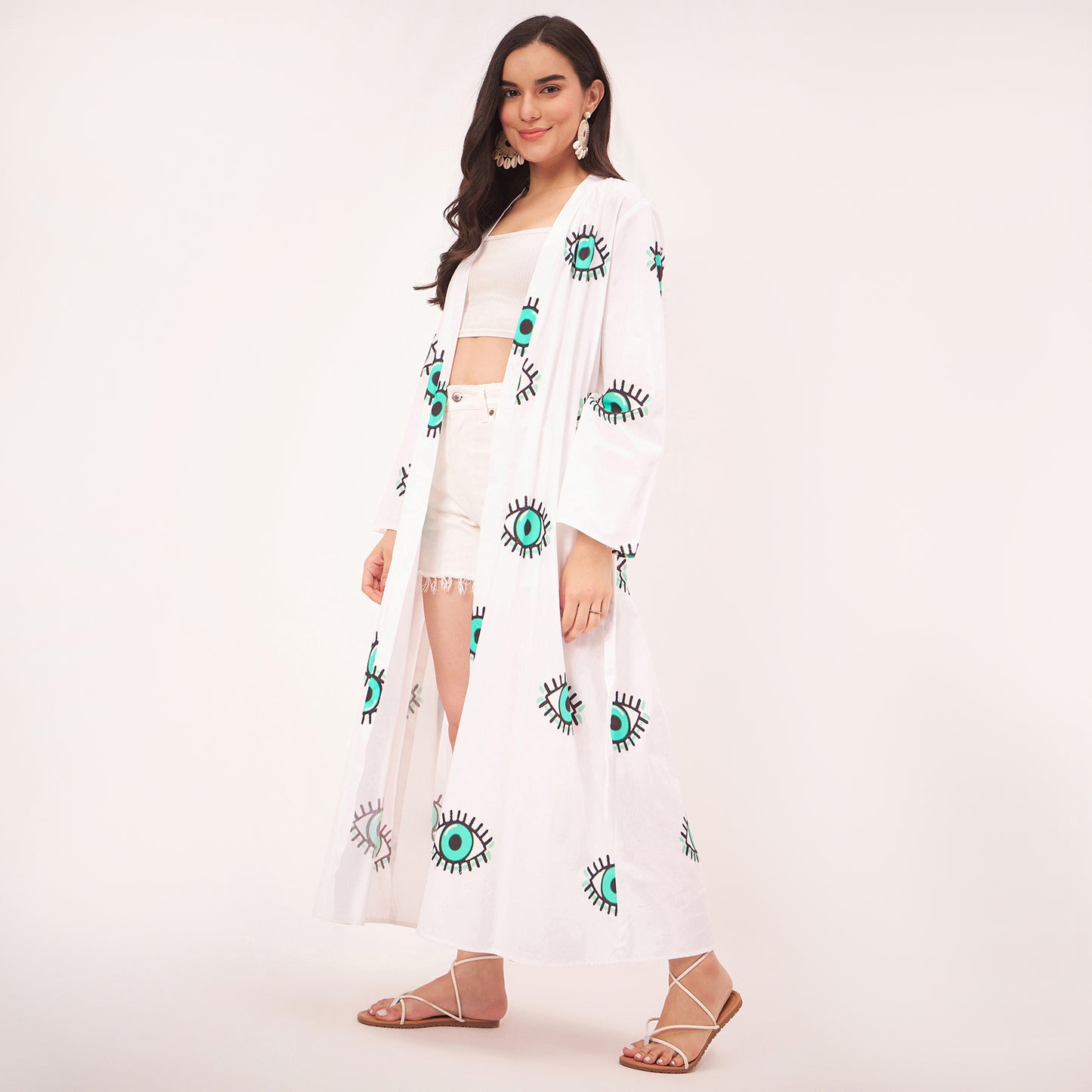 White and Cyan Evil Eye Cotton Long Cover-Up with Embroidered Patch and Belt