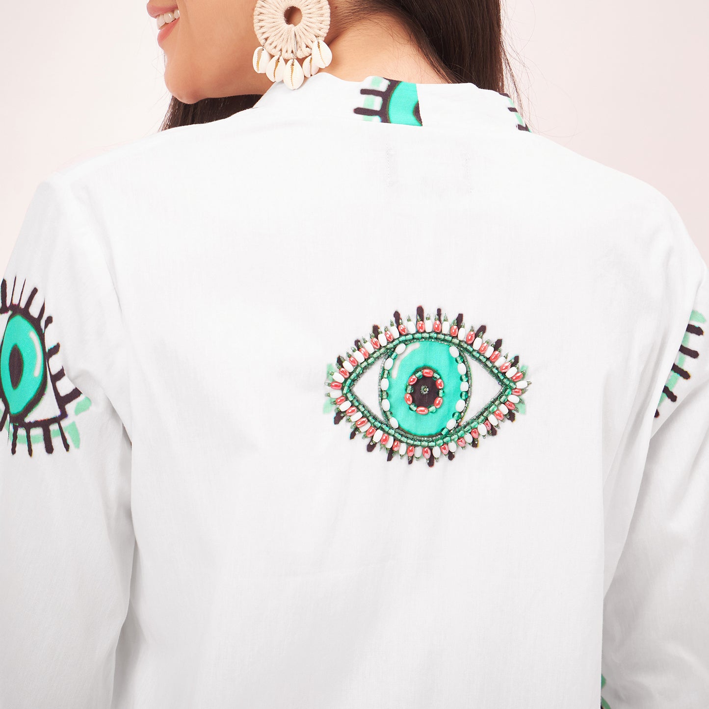 White and Cyan Evil Eye Cotton Long Cover-Up with Embroidered Patch and Belt