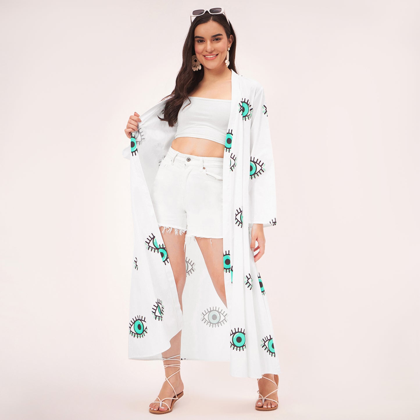 White and Cyan Evil Eye Cotton Long Cover-Up with Embroidered Patch and Belt
