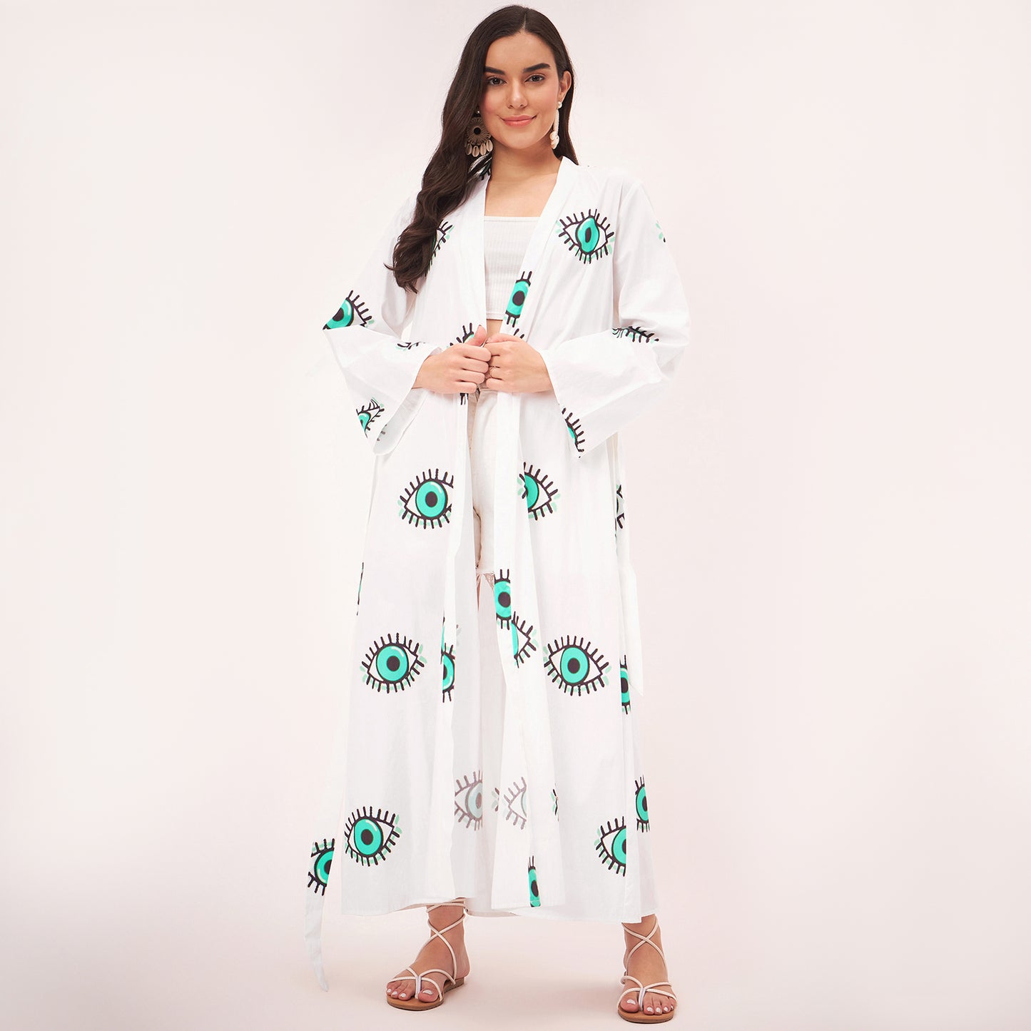White and Cyan Evil Eye Cotton Long Cover-Up with Embroidered Patch and Belt
