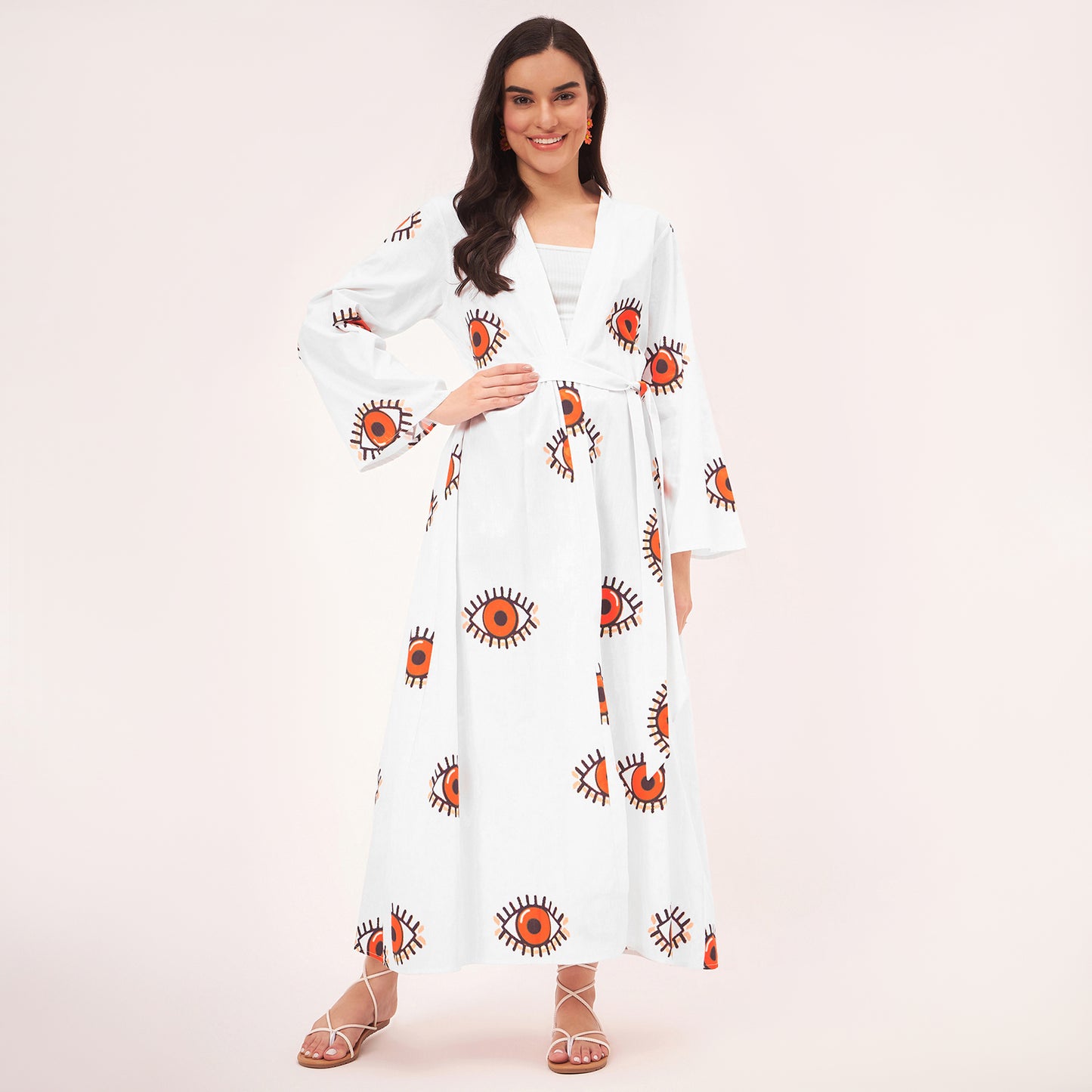 White and Orange Evil Eye Cotton Long Cover-Up with Embroidered Patch and Belt