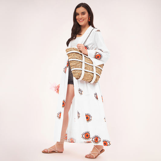 White and Orange Evil Eye Cotton Long Cover-Up with Embroidered Patch and Belt