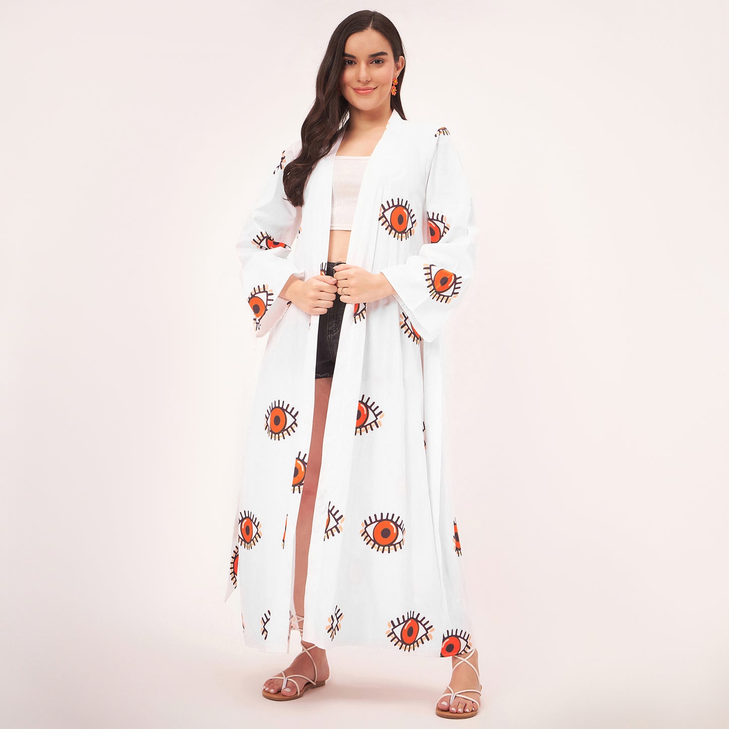 White and Orange Evil Eye Cotton Long Cover-Up with Embroidered Patch and Belt