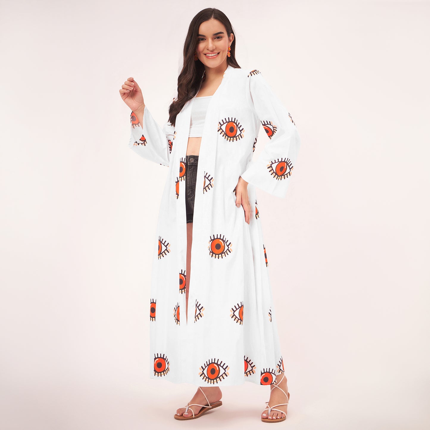 White and Orange Evil Eye Cotton Long Cover-Up with Embroidered Patch and Belt