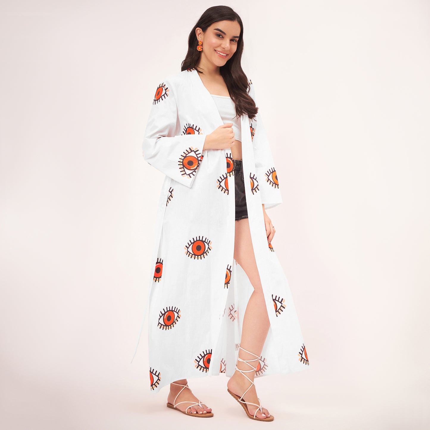White and Orange Evil Eye Cotton Long Cover-Up with Embroidered Patch and Belt
