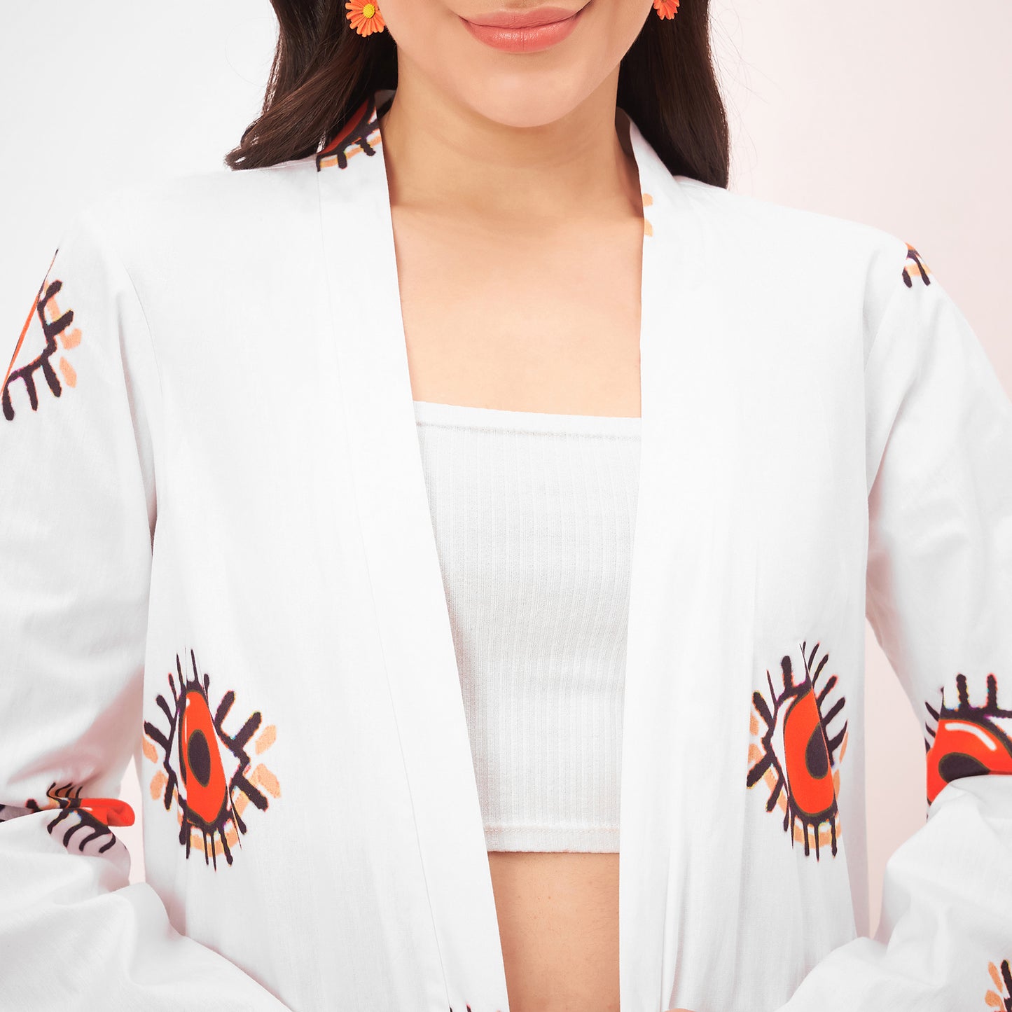 White and Orange Evil Eye Cotton Long Cover-Up with Embroidered Patch and Belt