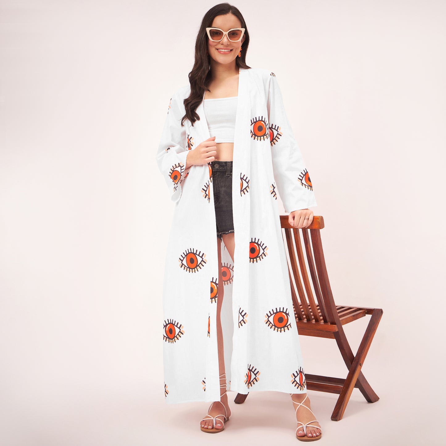 White and Orange Evil Eye Cotton Long Cover-Up with Embroidered Patch and Belt