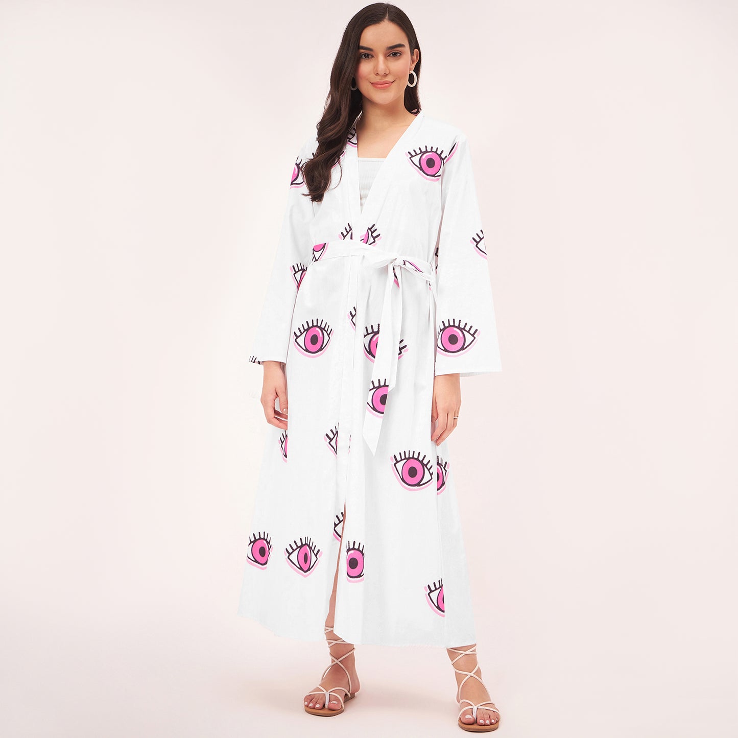 White and Pink Evil Eye Cotton Long Cover-Up with Embroidered Patch and Belt