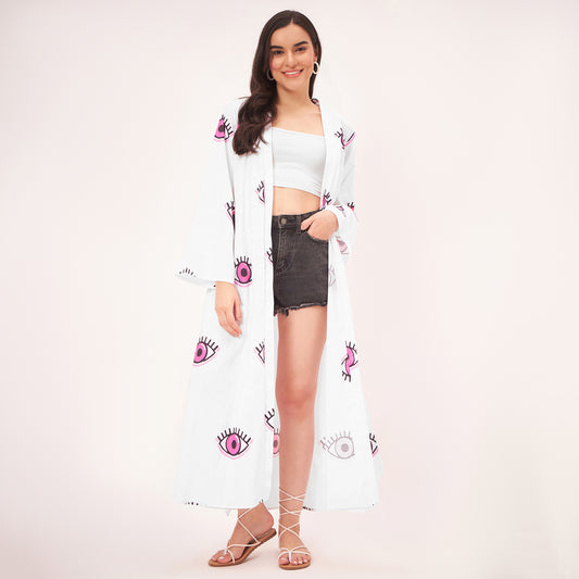White and Pink Evil Eye Cotton Long Cover-Up with Embroidered Patch and Belt