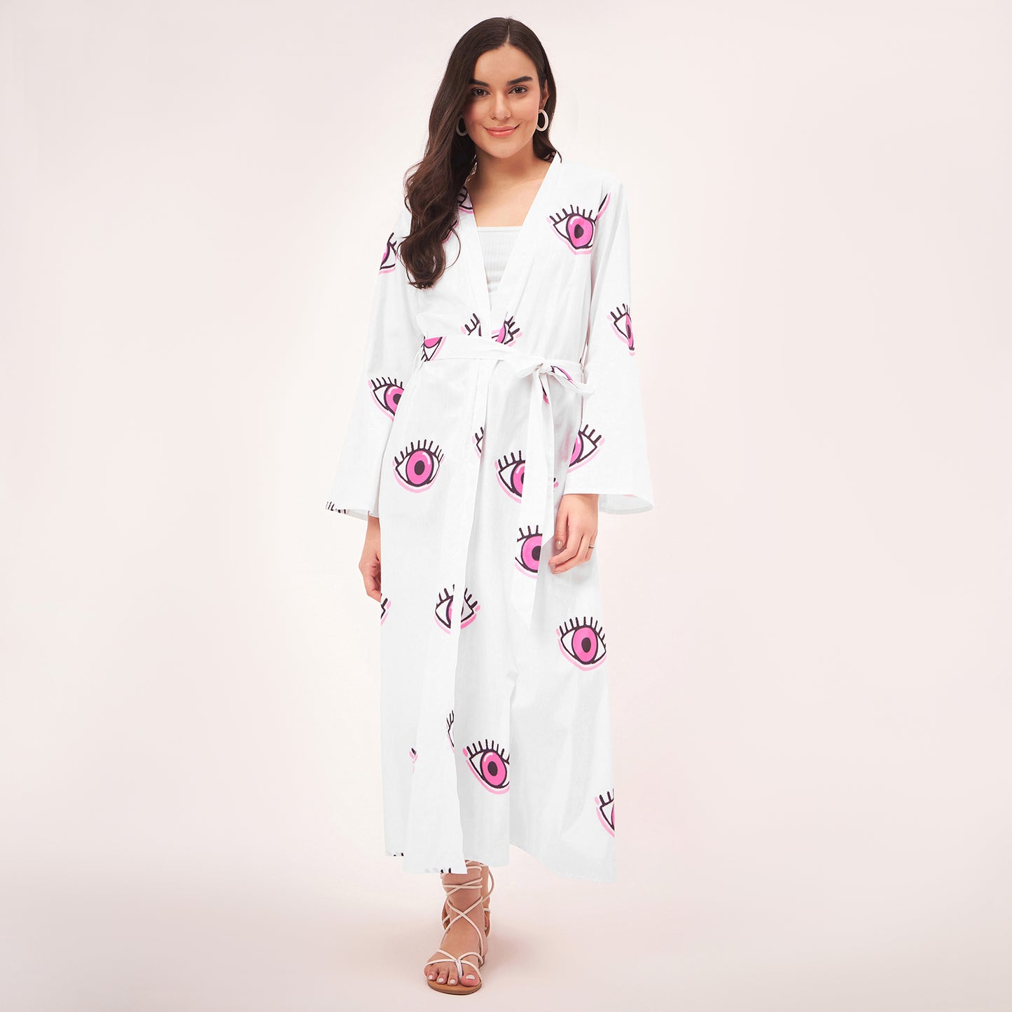 White and Pink Evil Eye Cotton Long Cover-Up with Embroidered Patch and Belt