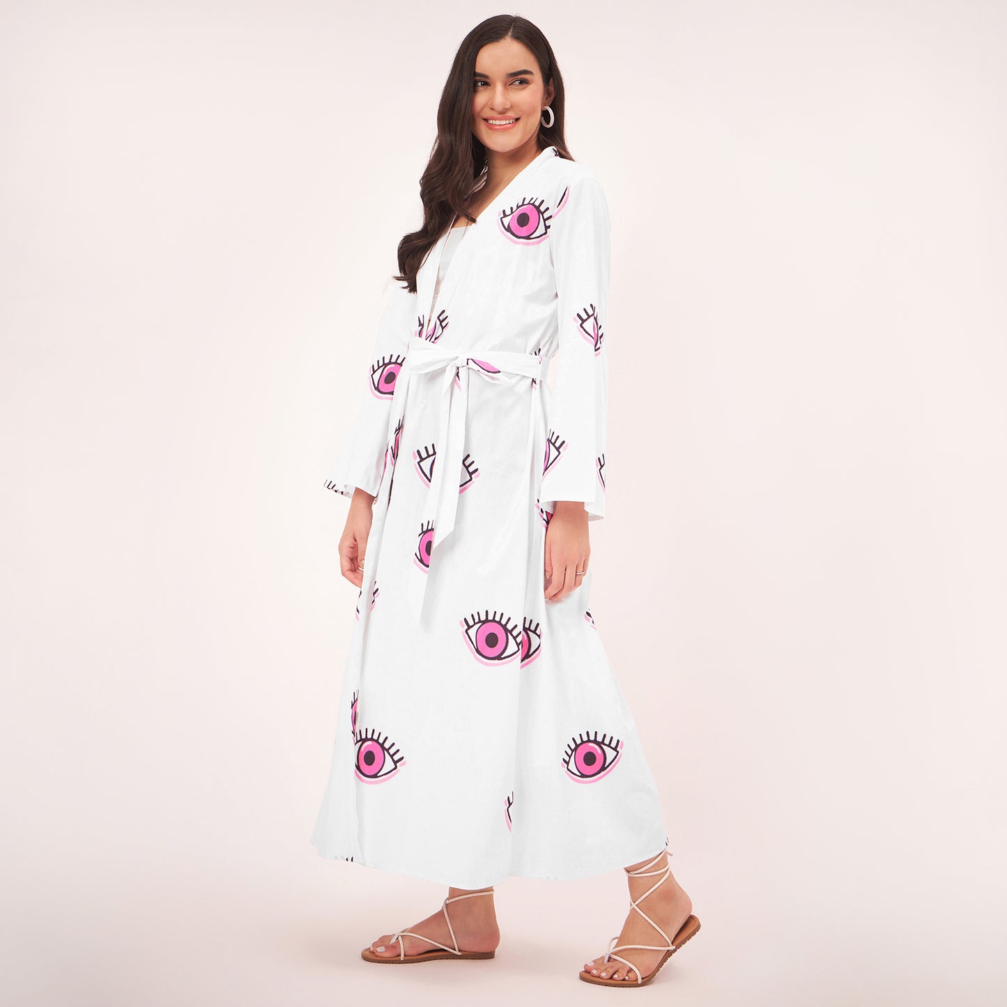 White and Pink Evil Eye Cotton Long Cover-Up with Embroidered Patch and Belt