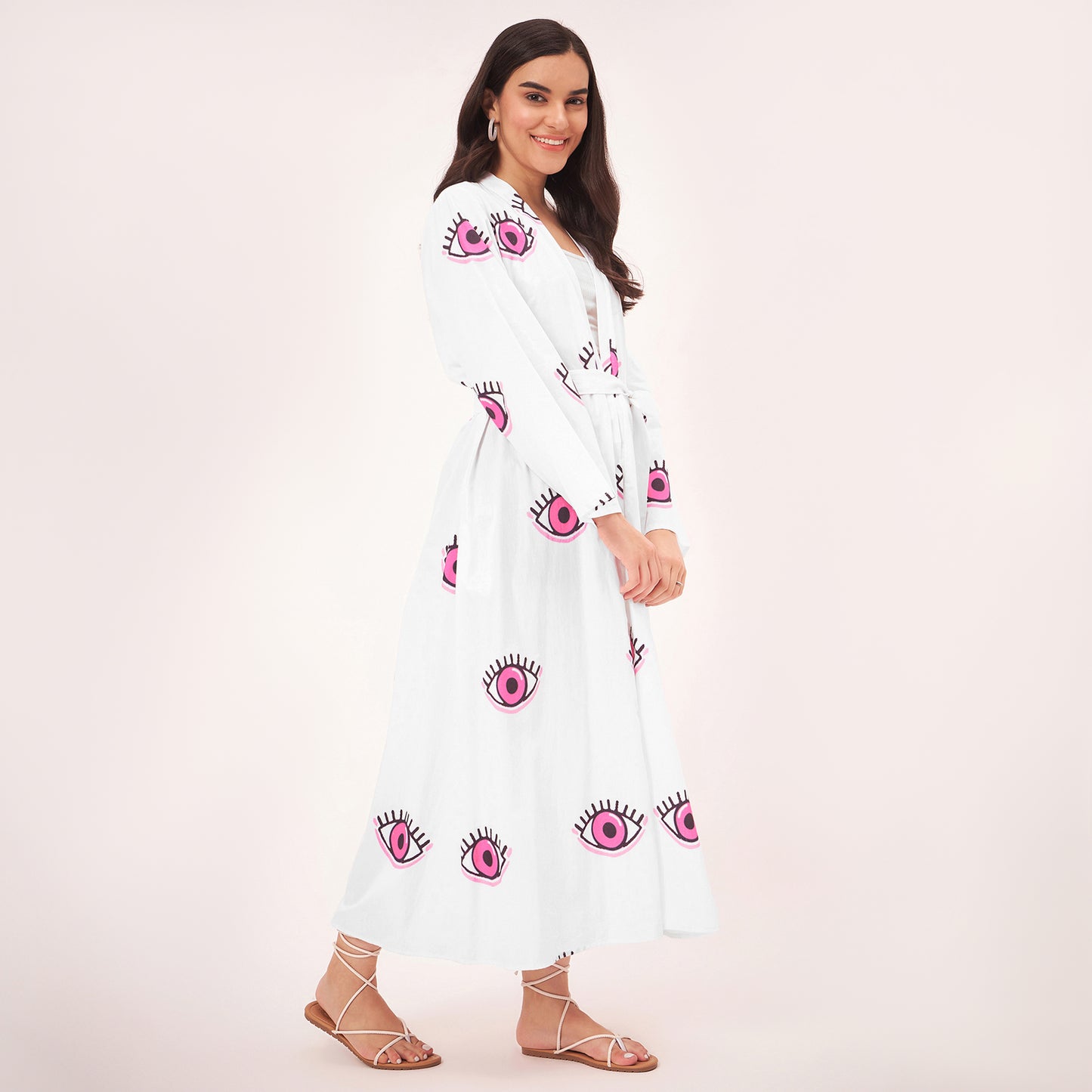 White and Pink Evil Eye Cotton Long Cover-Up with Embroidered Patch and Belt