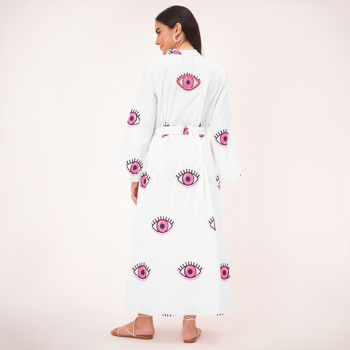 White and Pink Evil Eye Cotton Long Cover-Up with Embroidered Patch and Belt