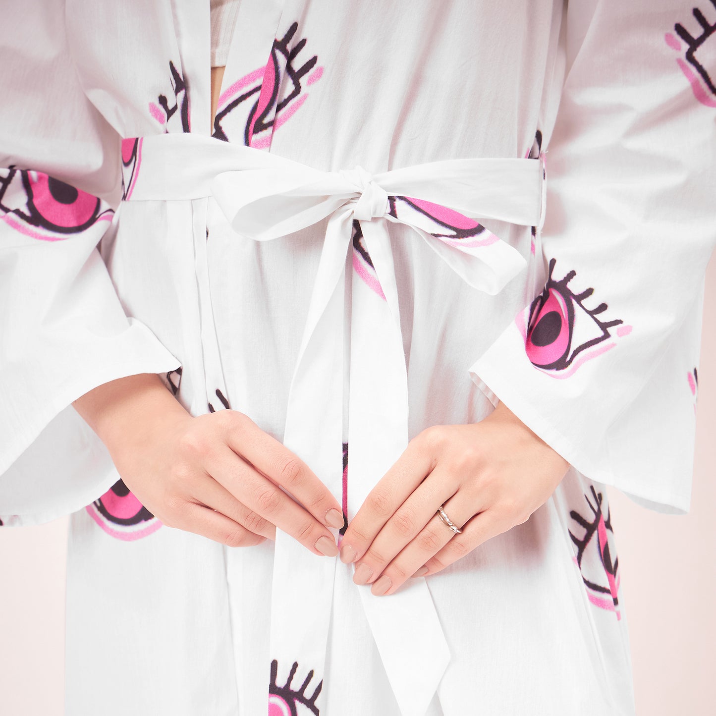 White and Pink Evil Eye Cotton Long Cover-Up with Embroidered Patch and Belt