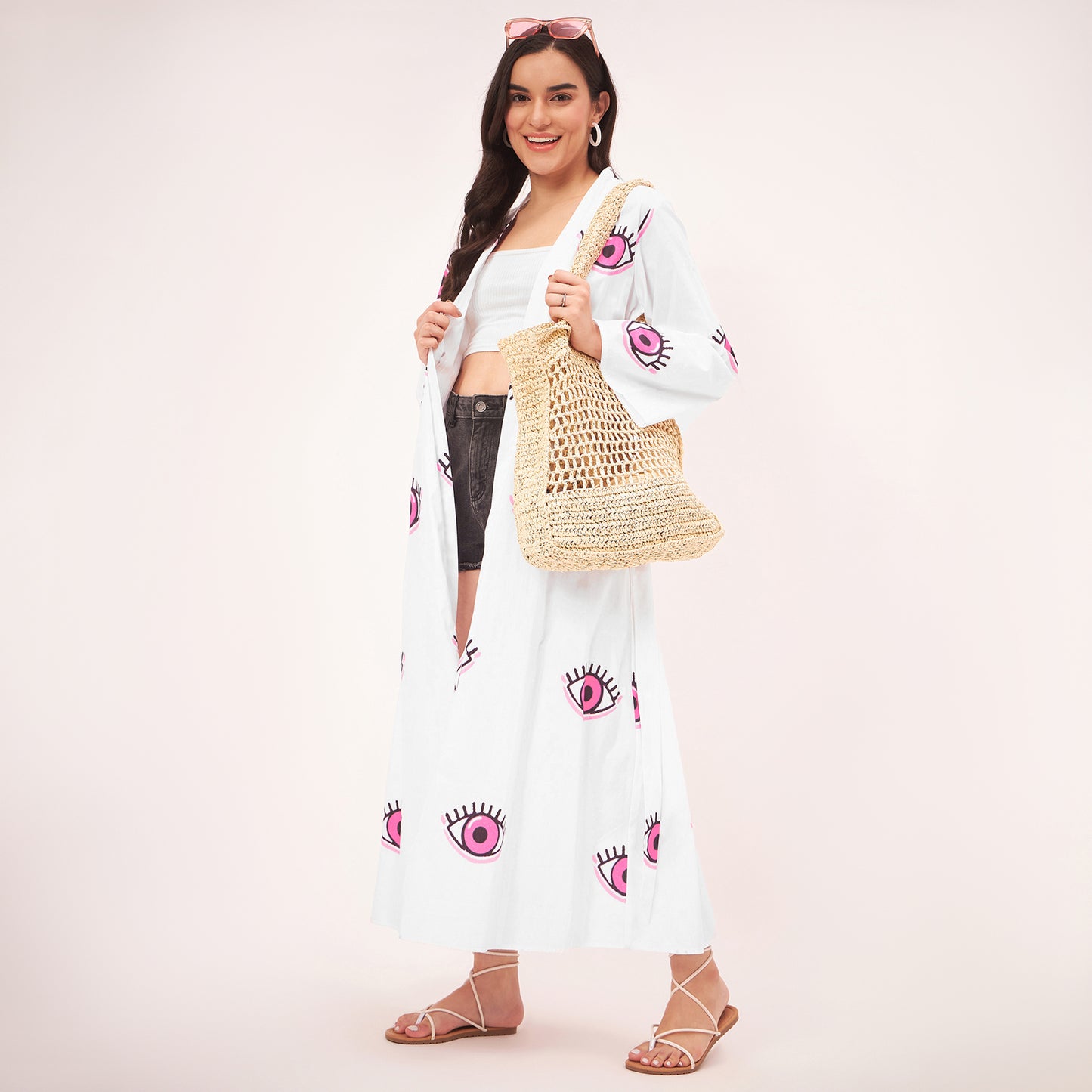 White and Pink Evil Eye Cotton Long Cover-Up with Embroidered Patch and Belt