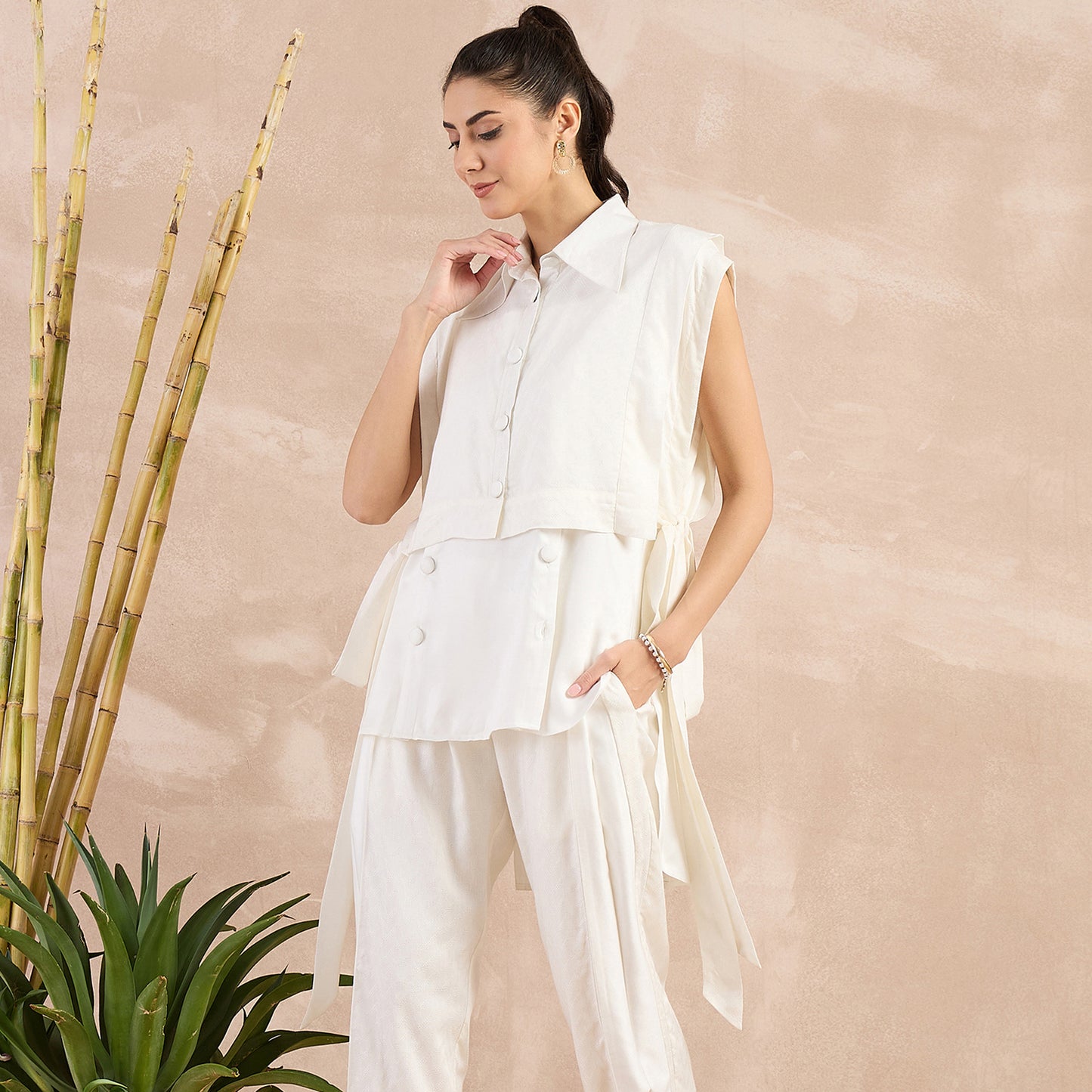 Off-White Herringbone Sleeveless Bib Cover-Up with Side Straps