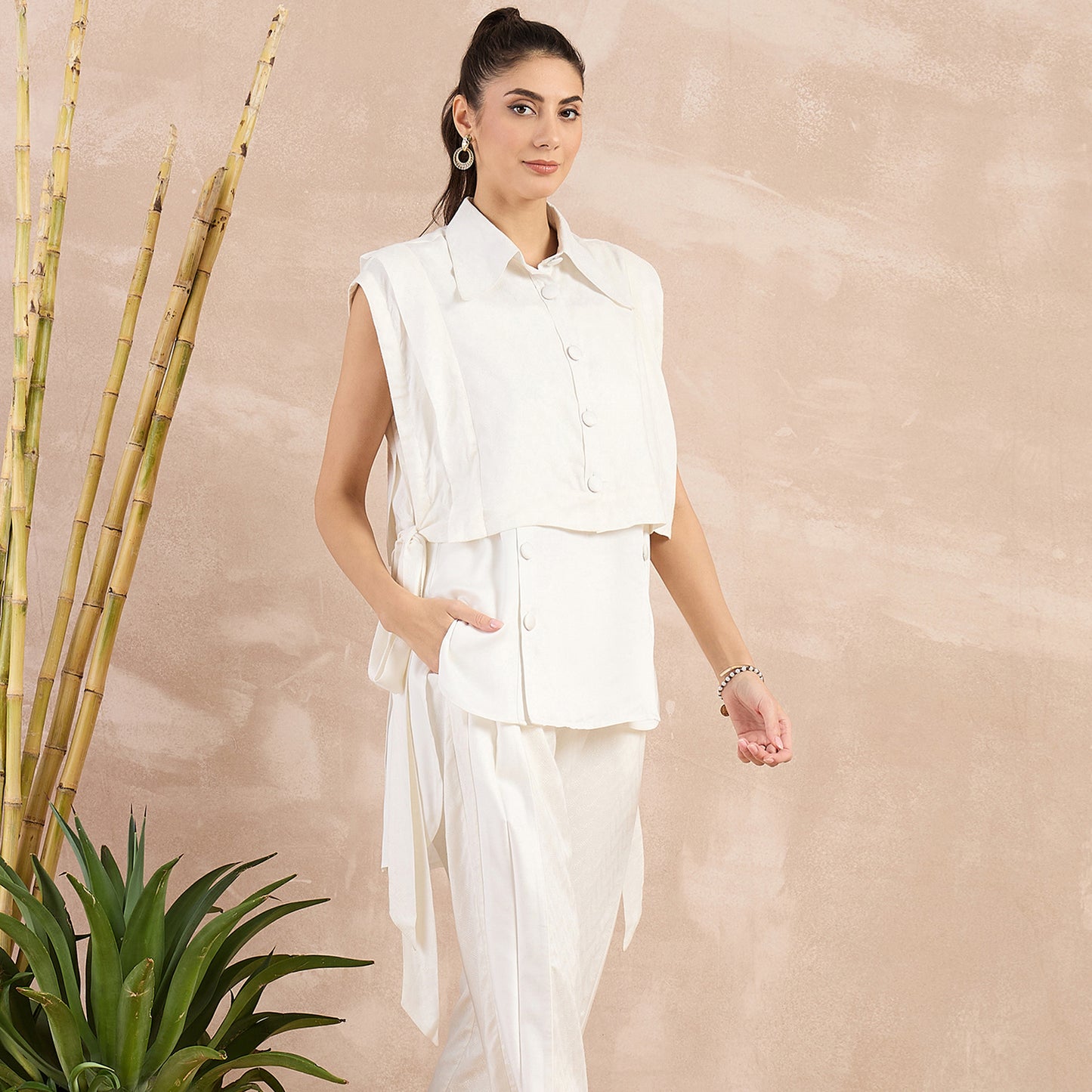 Off-White Herringbone Sleeveless Bib Cover-Up with Side Straps