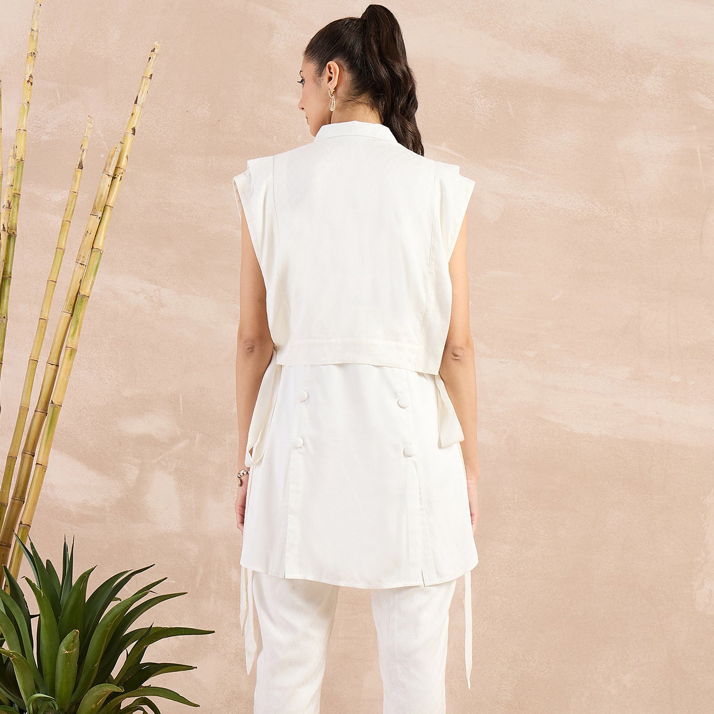 Off-White Herringbone Sleeveless Bib Cover-Up with Side Straps