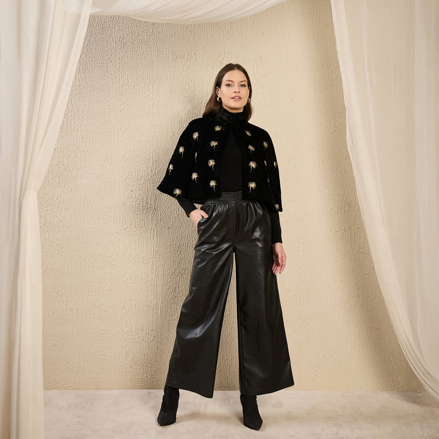 Black and Golden Floral Motif Hand Embroidered Velvet Short Cape