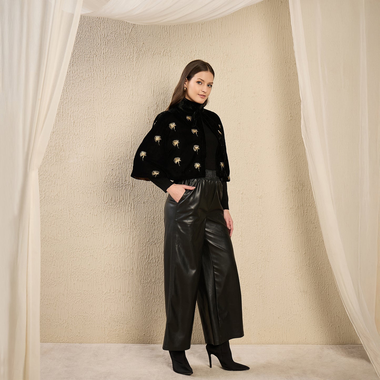 Black and Golden Floral Motif Hand Embroidered Velvet Short Cape
