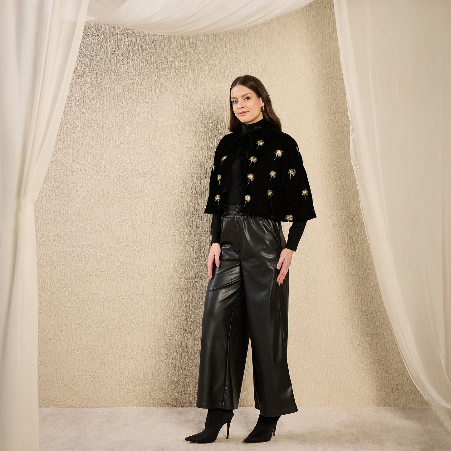 Black and Golden Floral Motif Hand Embroidered Velvet Short Cape