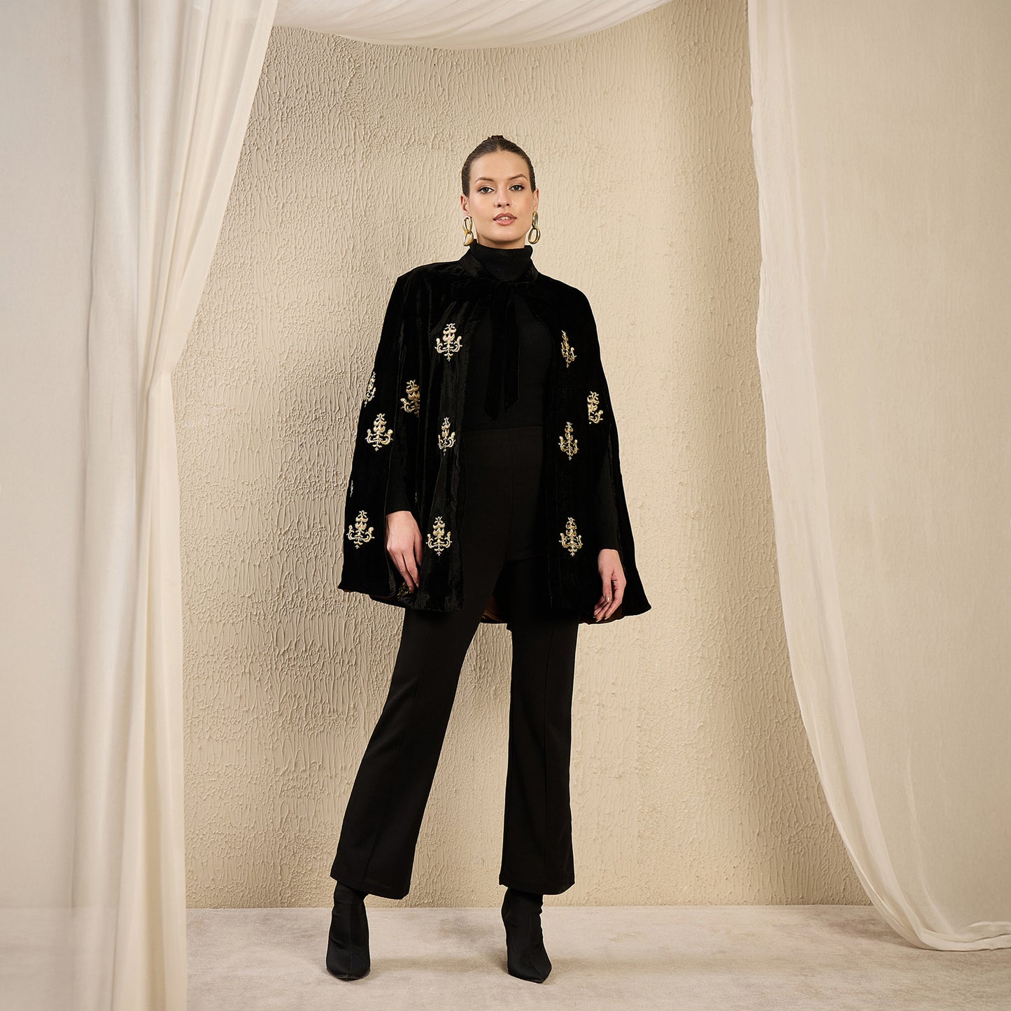 Black and Golden Baroque Hand Embroidered Velvet Long Cape