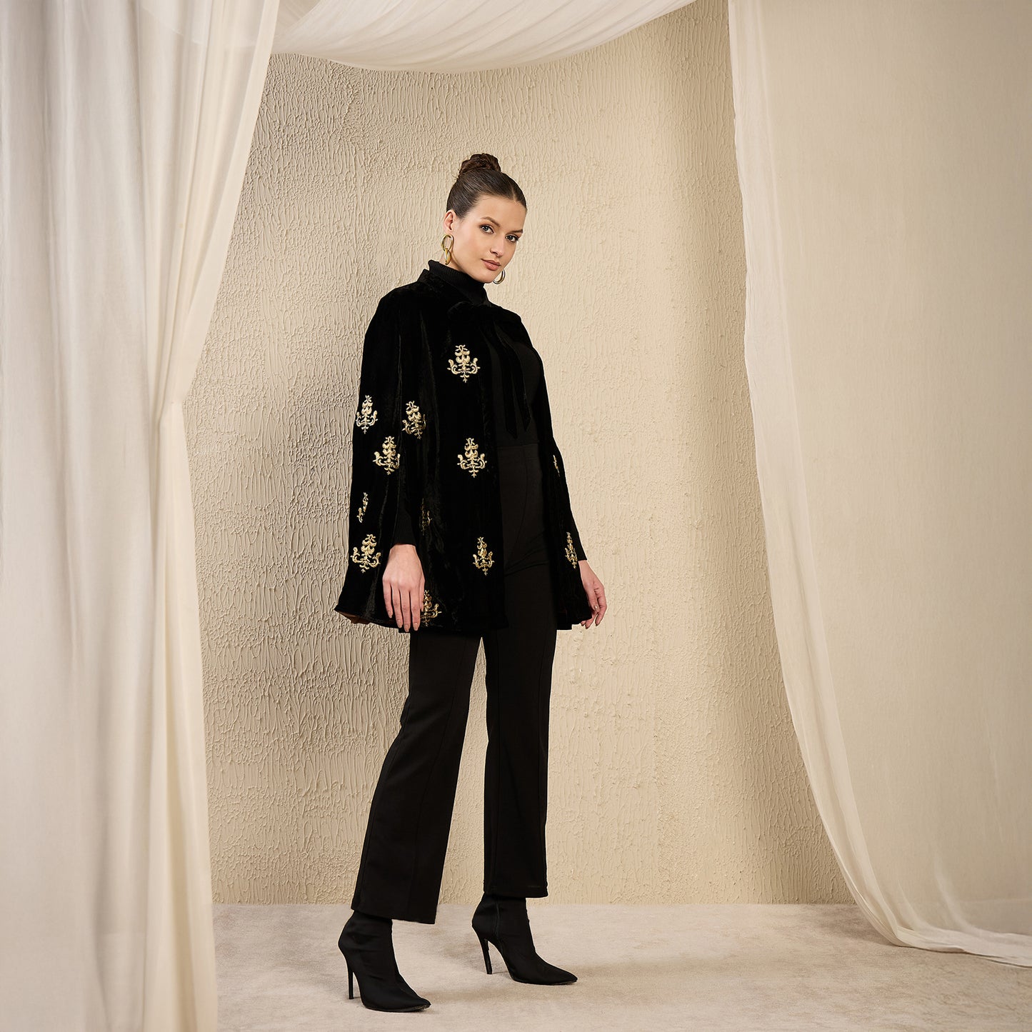 Black and Golden Baroque Hand Embroidered Velvet Long Cape