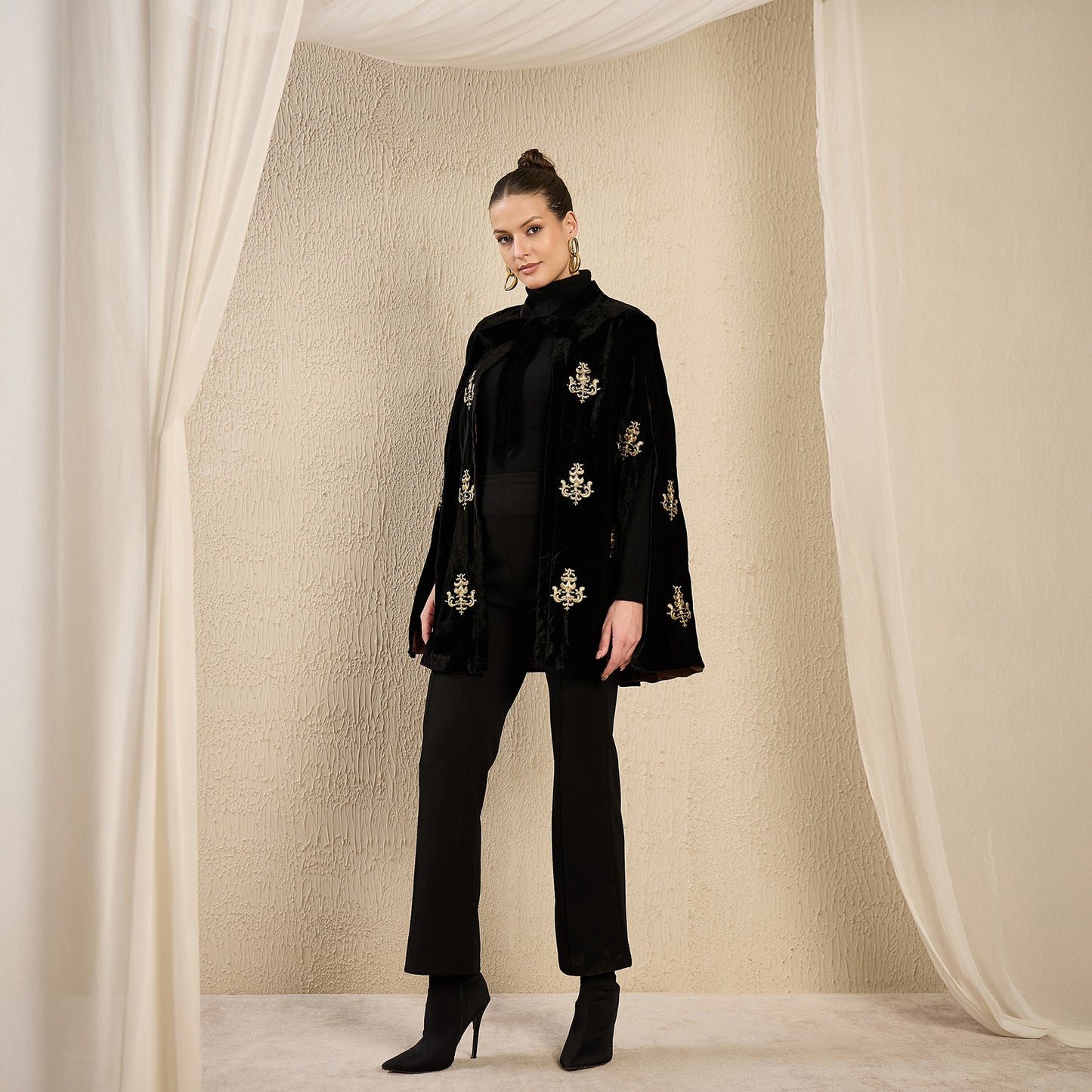 Black and Golden Baroque Hand Embroidered Velvet Long Cape