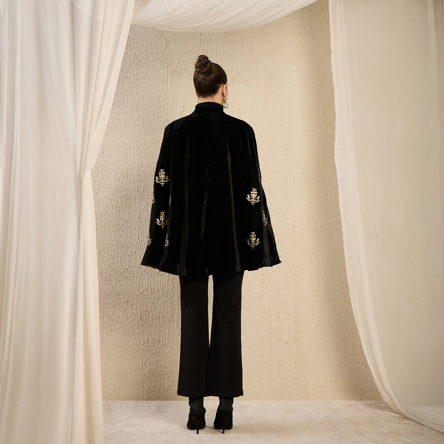 Black and Golden Baroque Hand Embroidered Velvet Long Cape