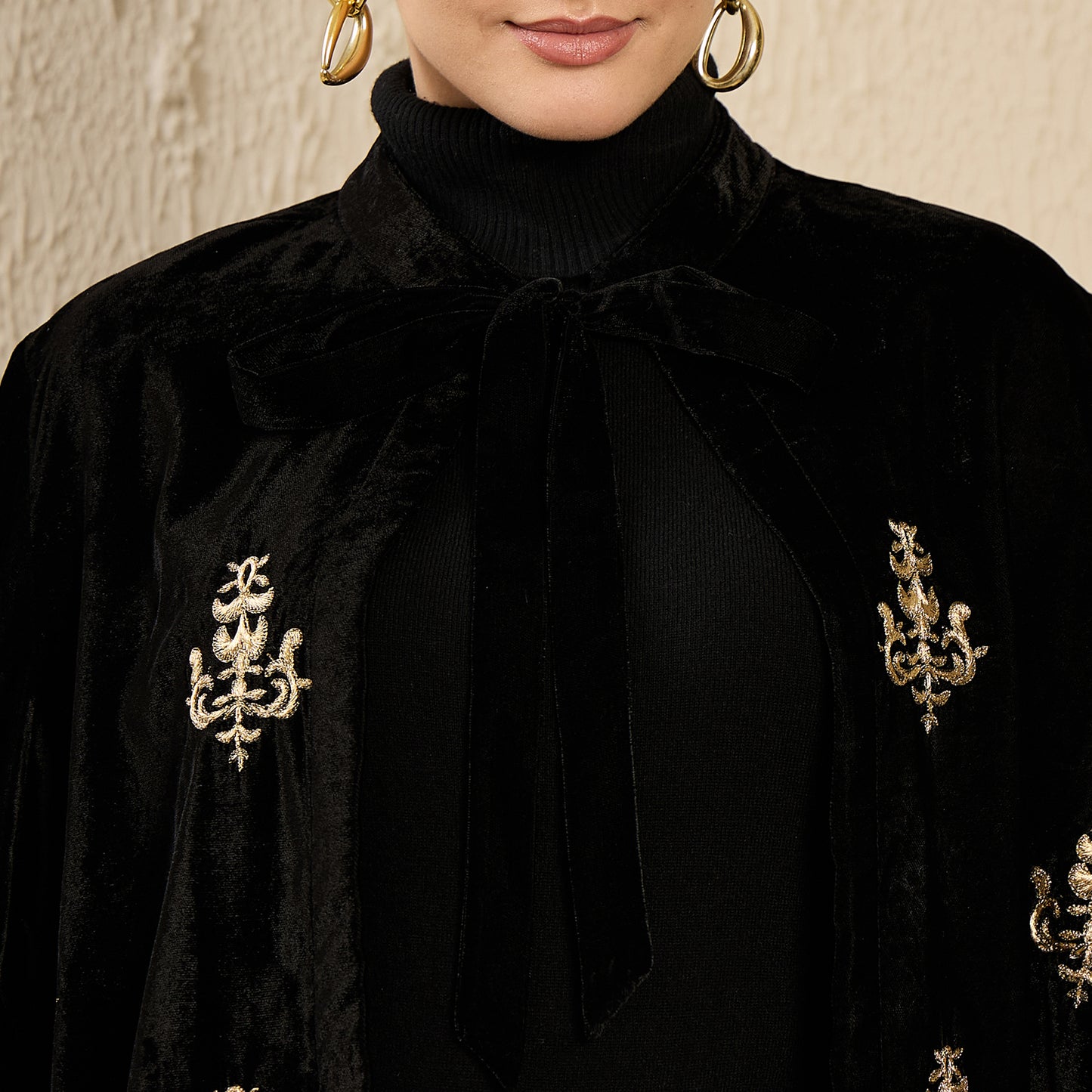Black and Golden Baroque Hand Embroidered Velvet Long Cape