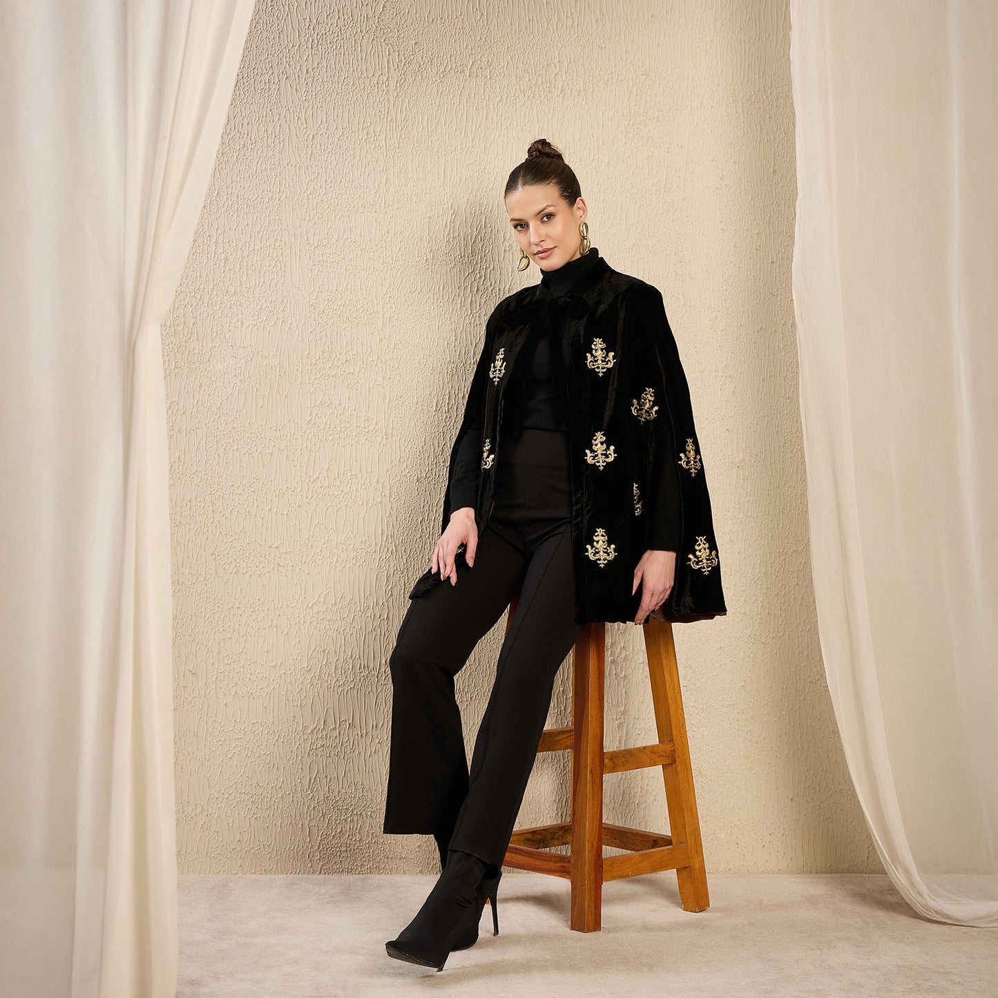 Black and Golden Baroque Hand Embroidered Velvet Long Cape