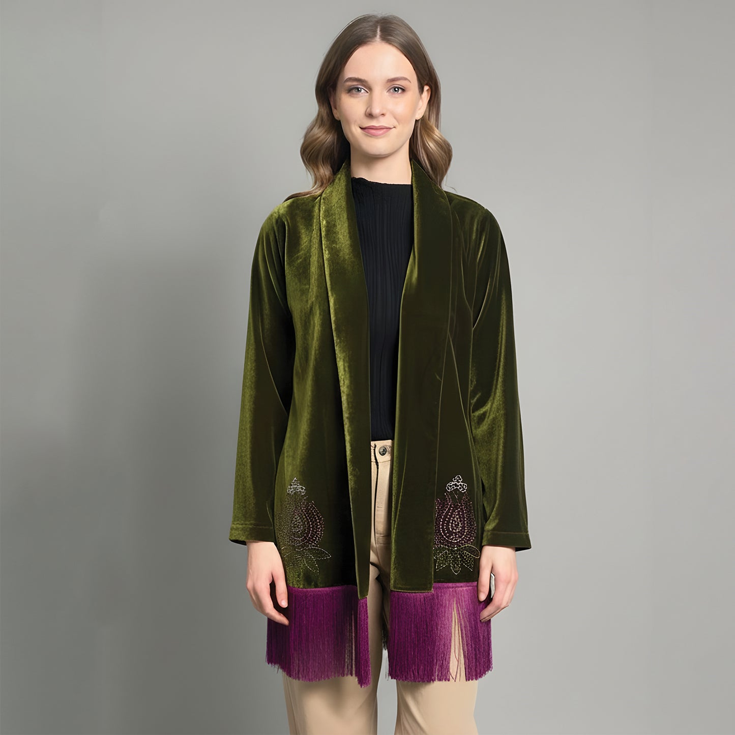 Olive Green Crystal Embellished Shrug with Magenta Fringes