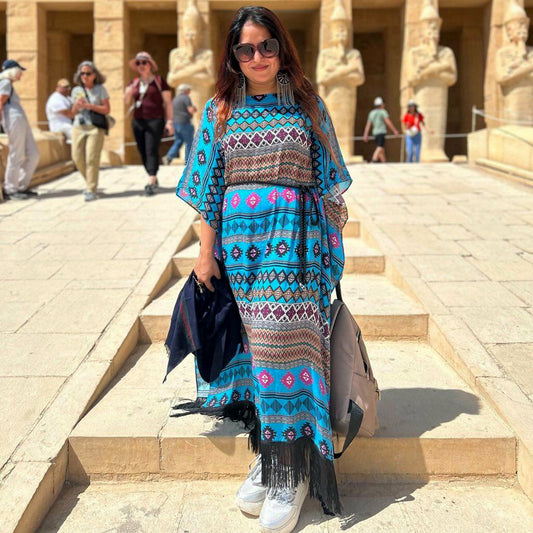 Blue Aztec Poncho Dress
