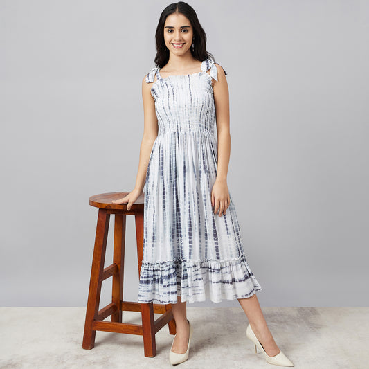 Indigo Tie-Dye Smocking Midi Dress
