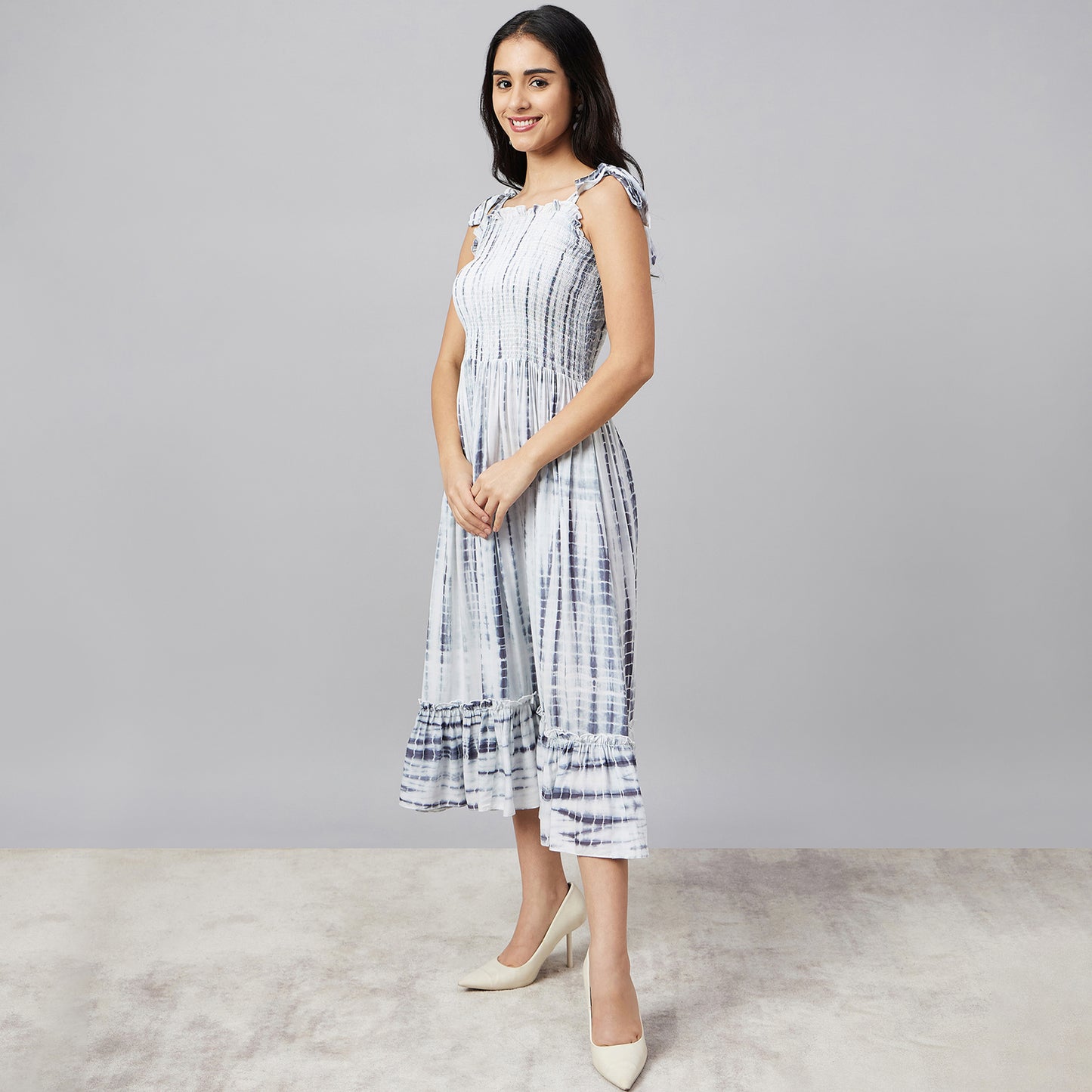 Indigo Tie-Dye Smocking Midi Dress