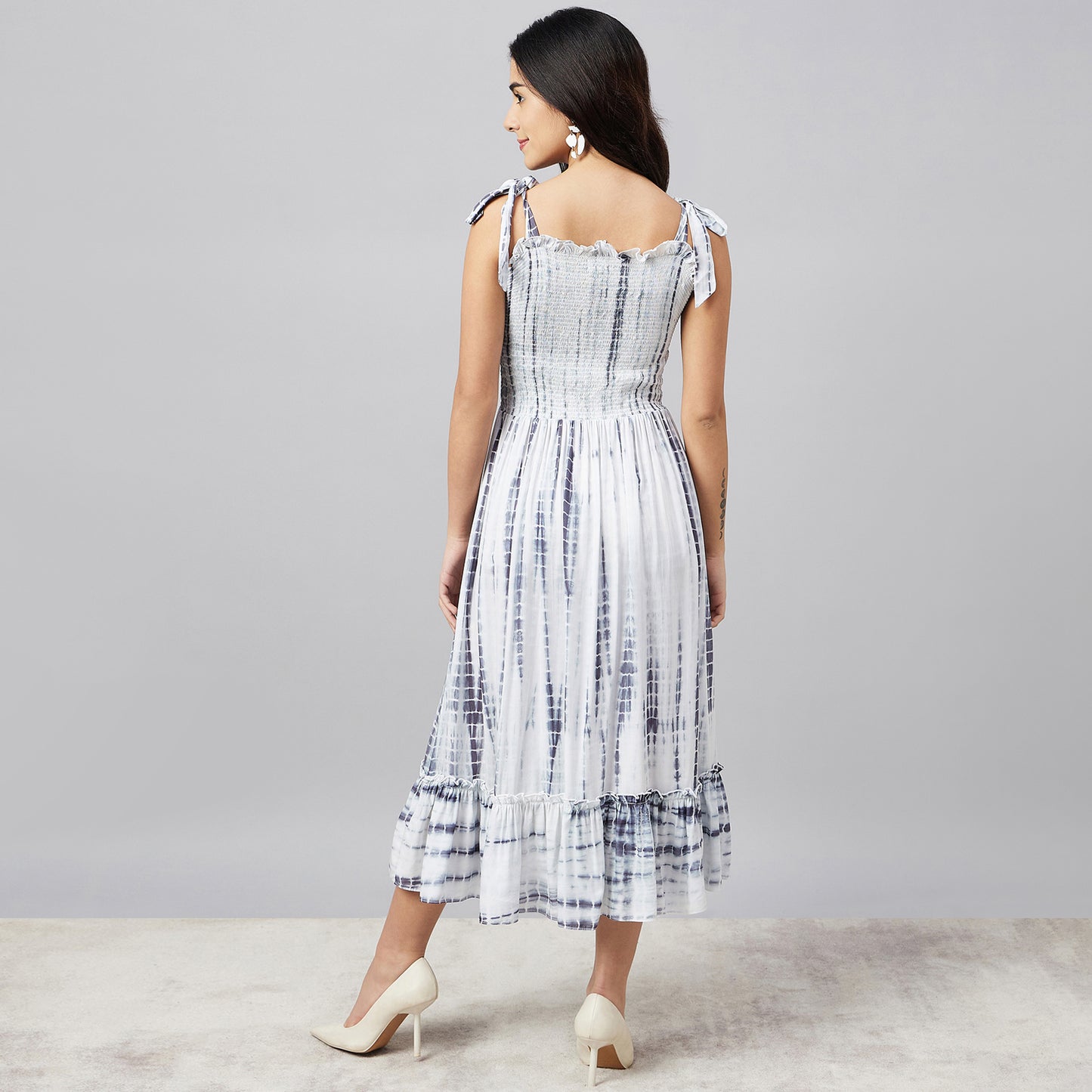 Indigo Tie-Dye Smocking Midi Dress