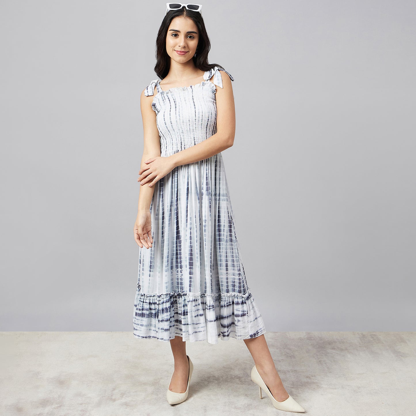 Indigo Tie-Dye Smocking Midi Dress