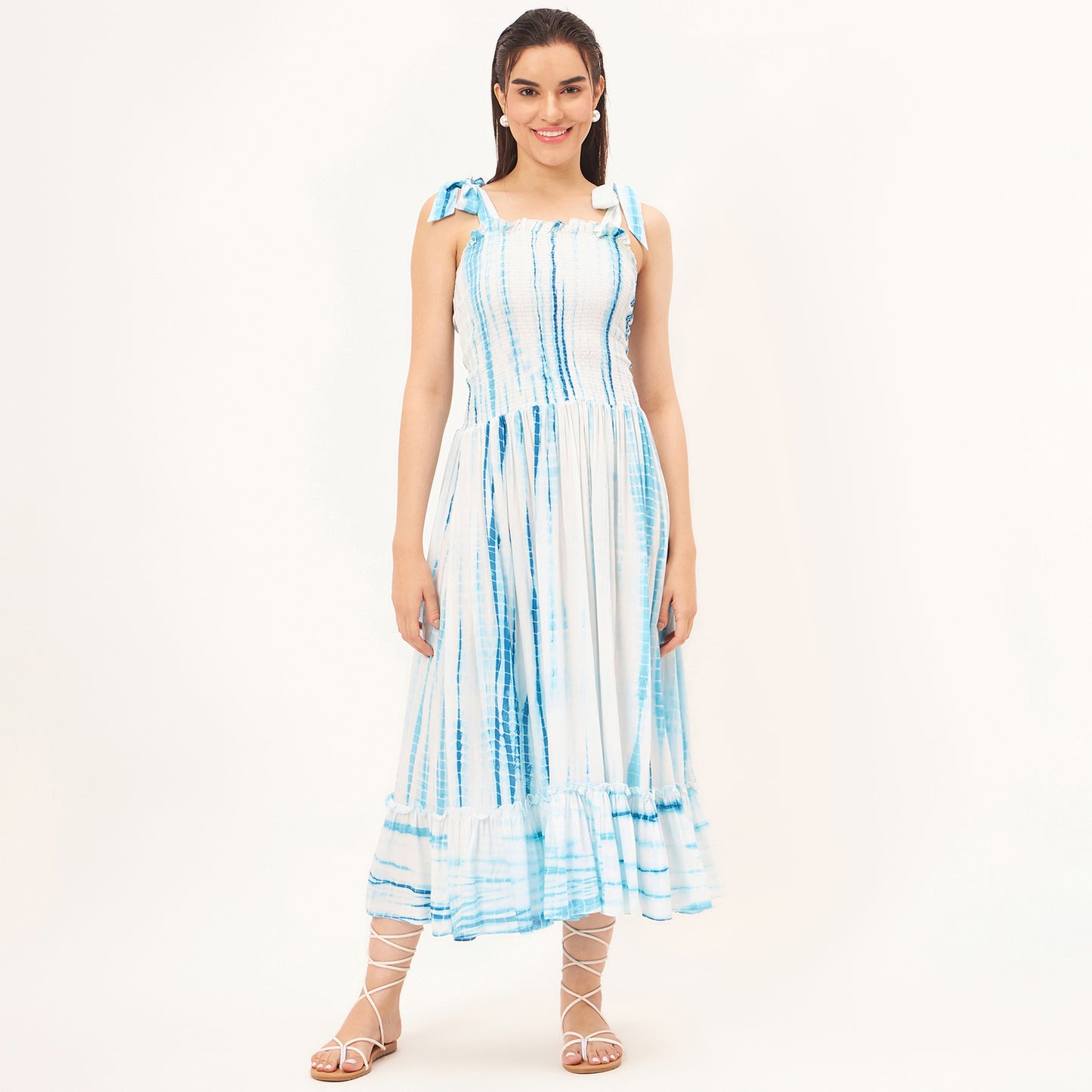 Blue Tie-Dye Smocking Long Dress