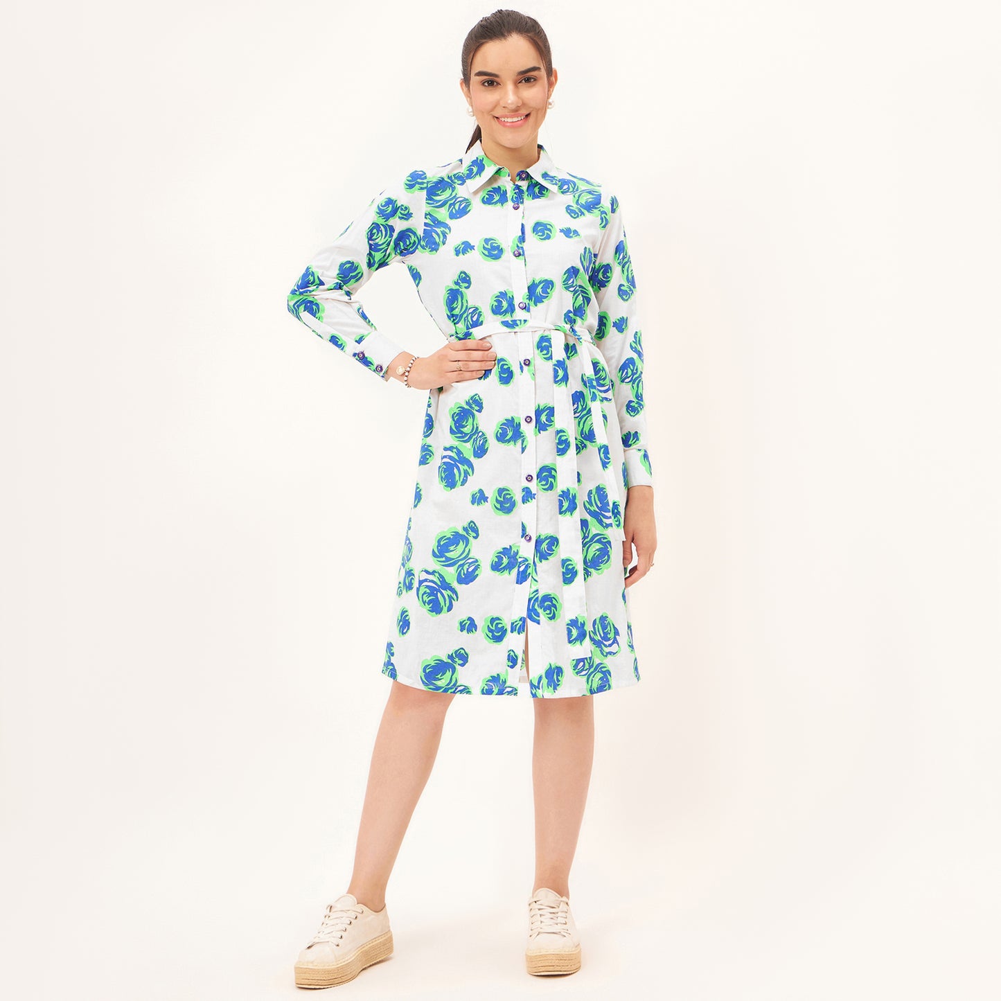 Blue and Green Rose Print Shirt Dress