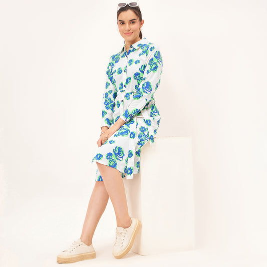 Blue and Green Rose Print Shirt Dress