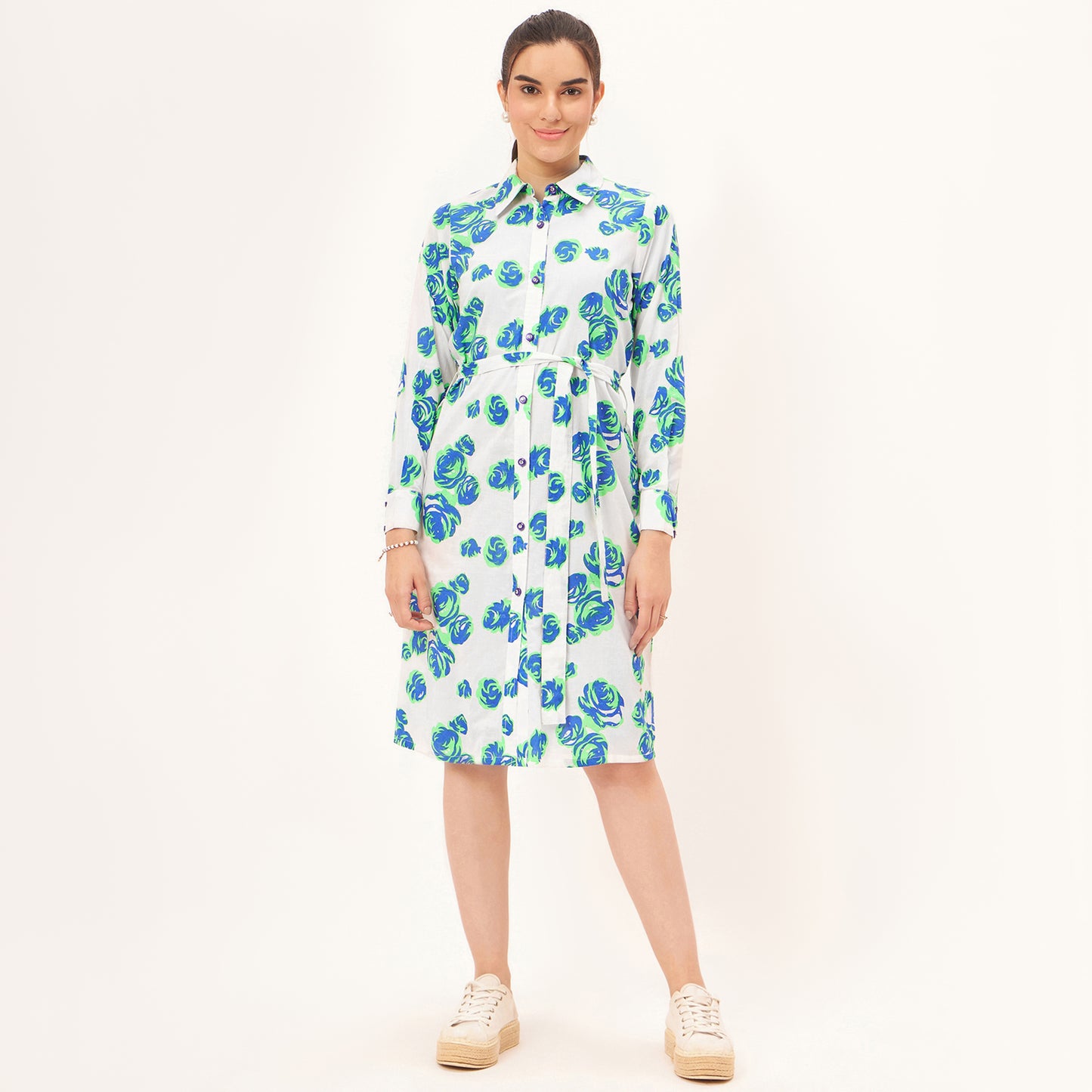 Blue and Green Rose Print Shirt Dress