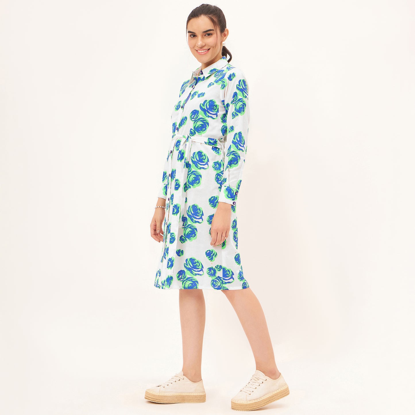 Blue and Green Rose Print Shirt Dress