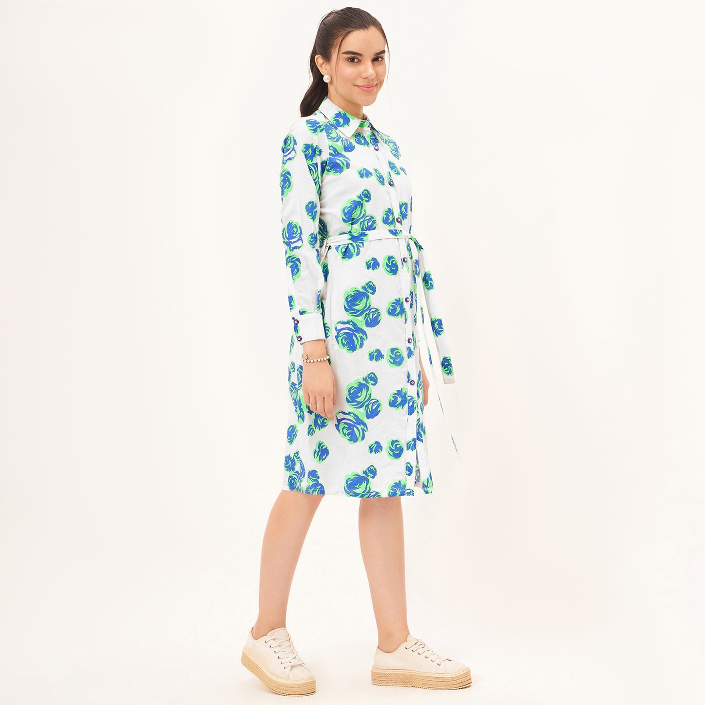 Blue and Green Rose Print Shirt Dress